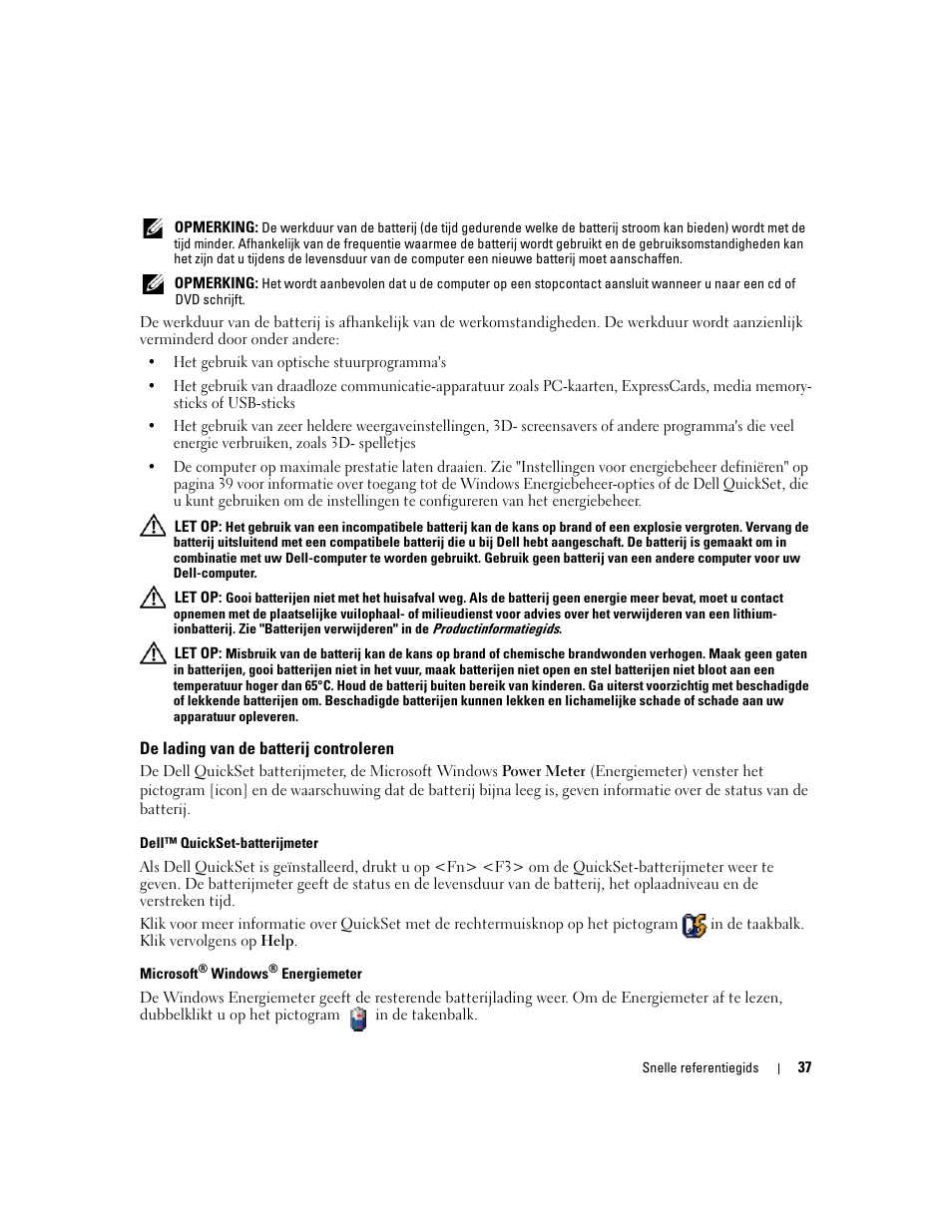 De lading van de batterij controleren | Dell Latitude 120L User Manual | Page 37 / 144