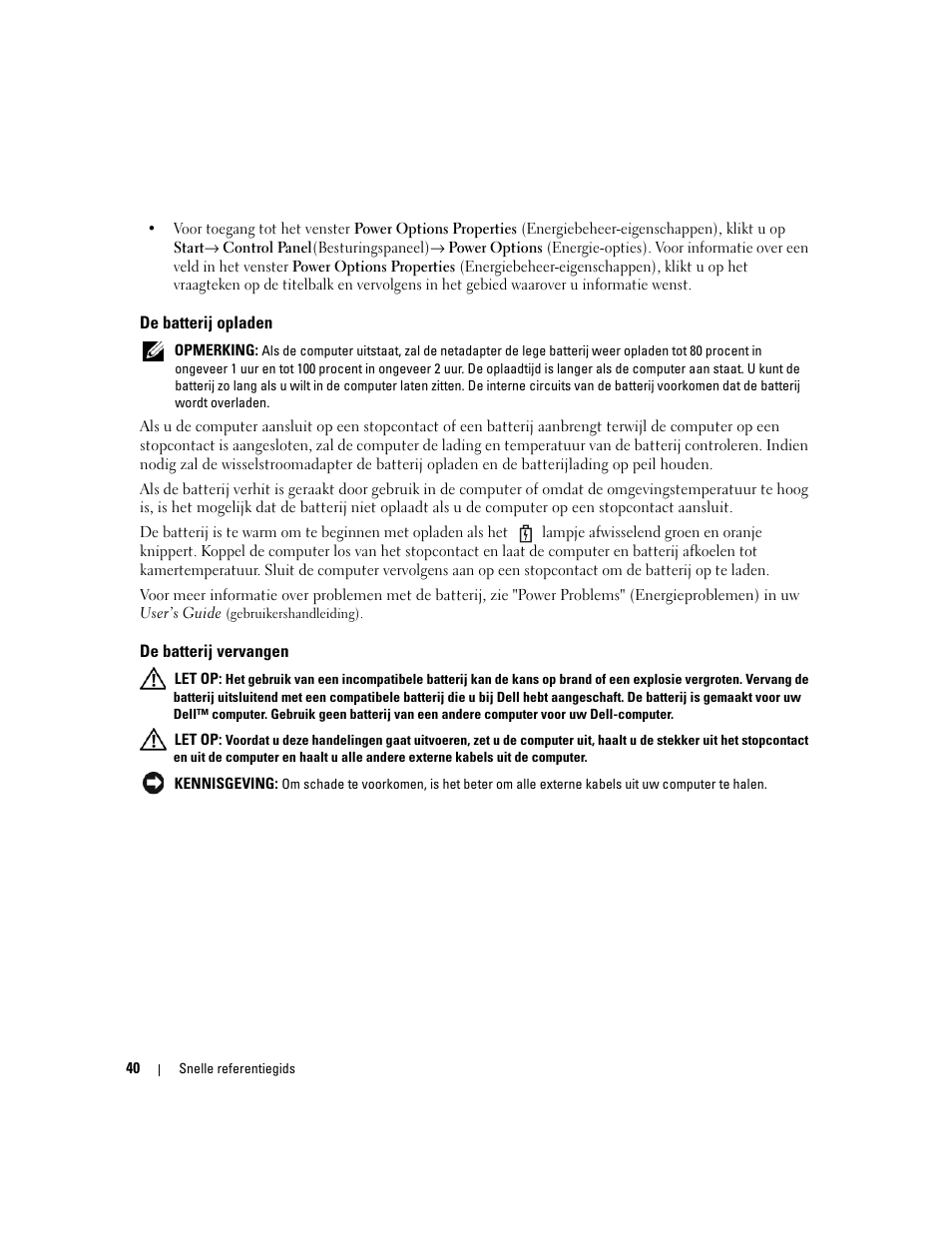 De batterij opladen, De batterij vervangen | Dell Latitude 120L User Manual | Page 40 / 144