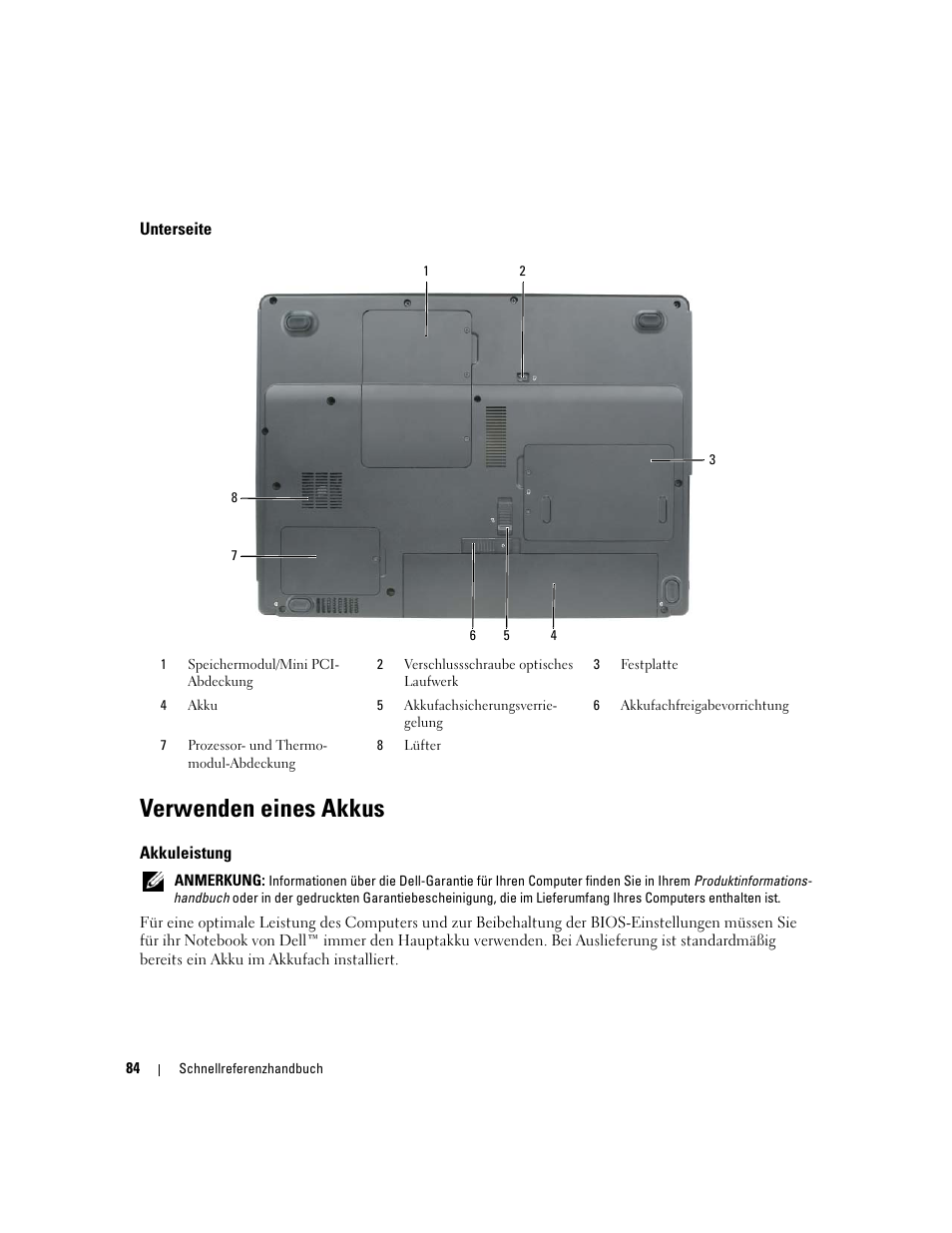 Unterseite, Verwenden eines akkus, Akkuleistung | Dell Latitude 120L User Manual | Page 84 / 144