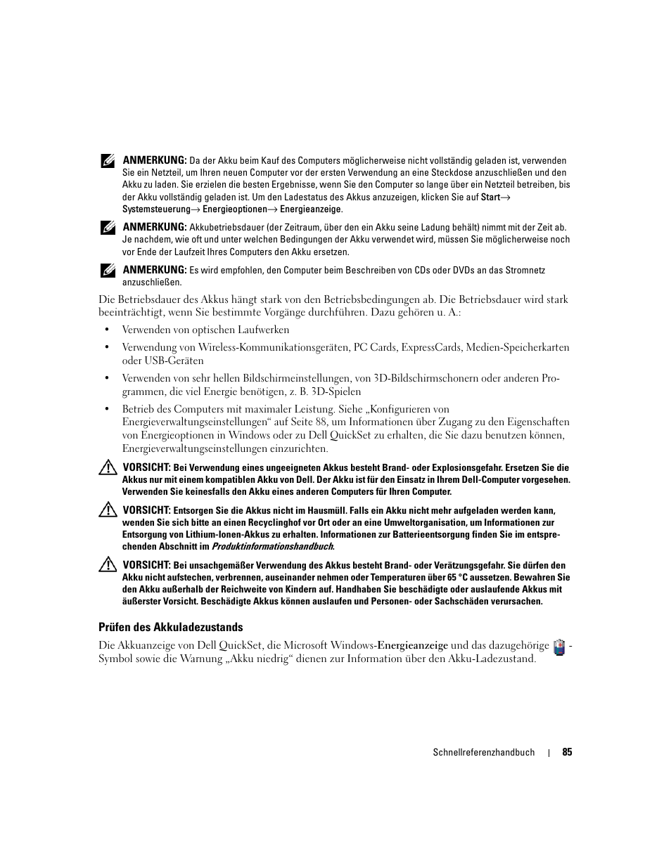 Prüfen des akkuladezustands | Dell Latitude 120L User Manual | Page 85 / 144