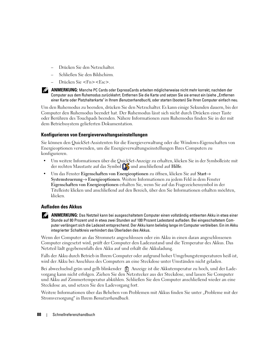 Konfigurieren von energieverwaltungseinstellungen, Aufladen des akkus | Dell Latitude 120L User Manual | Page 88 / 144