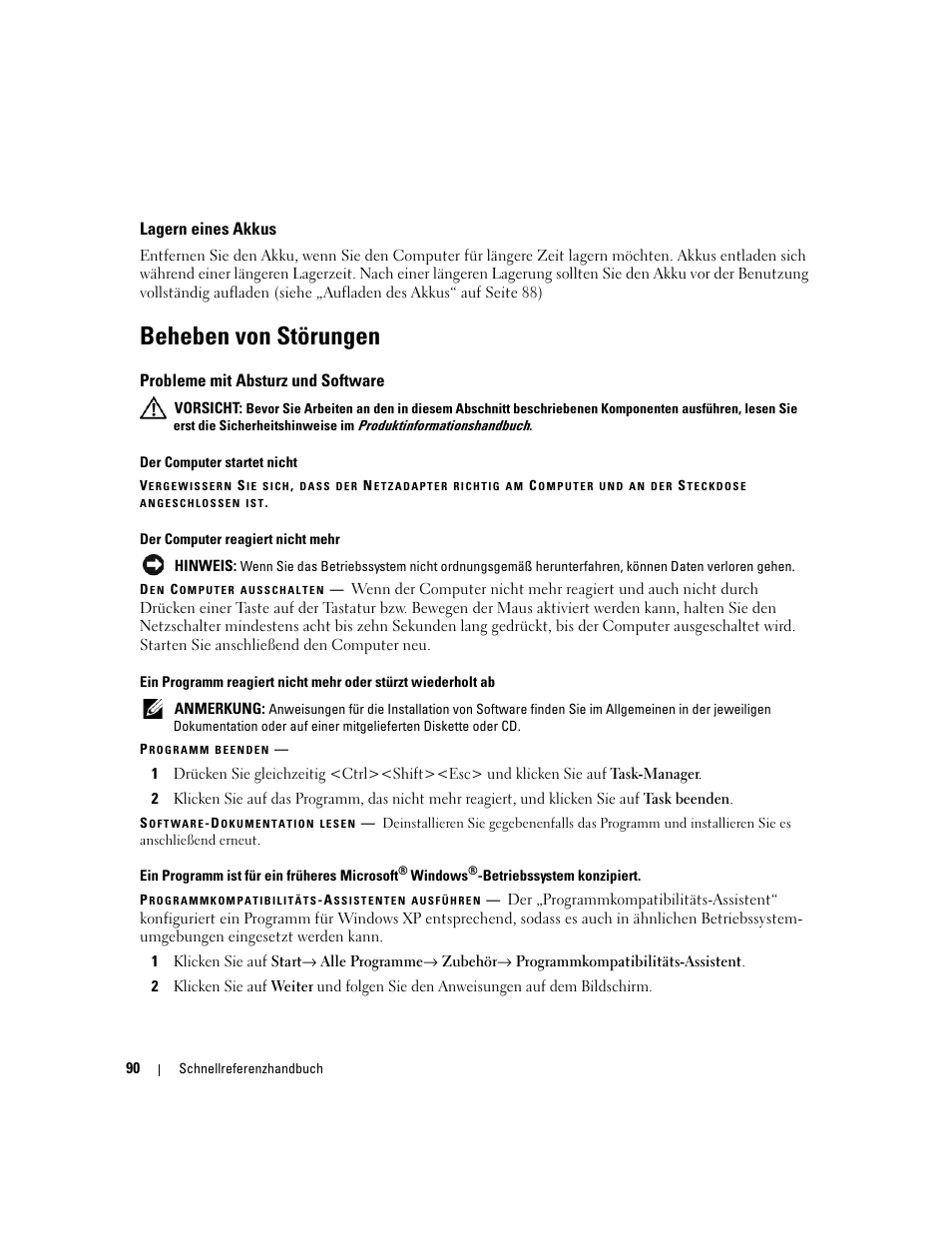 Lagern eines akkus, Beheben von störungen, Probleme mit absturz und software | Dell Latitude 120L User Manual | Page 90 / 144