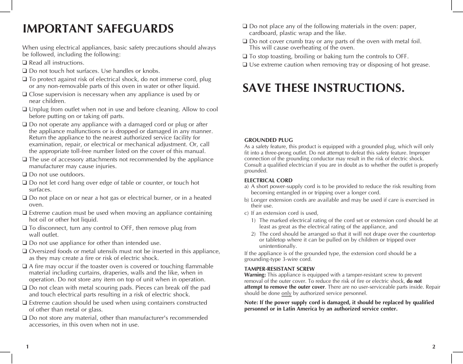 Important safeguards save these instructions | Black & Decker TRO701T User Manual | Page 2 / 21