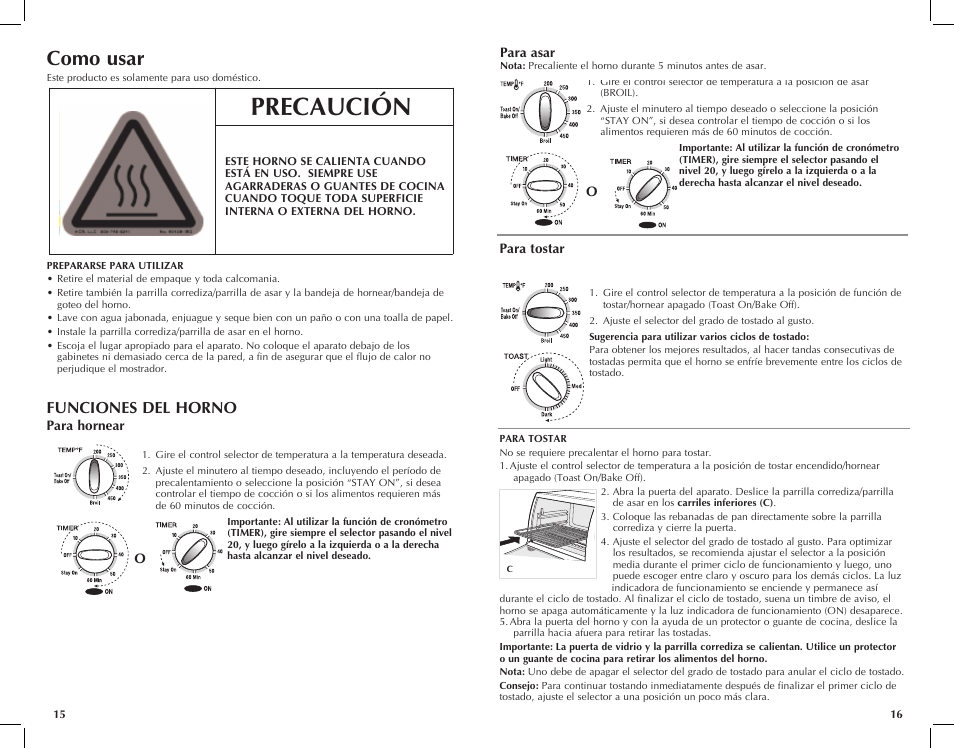 Precaución, Como usar, Funciones del horno | Black & Decker TRO701T User Manual | Page 9 / 21