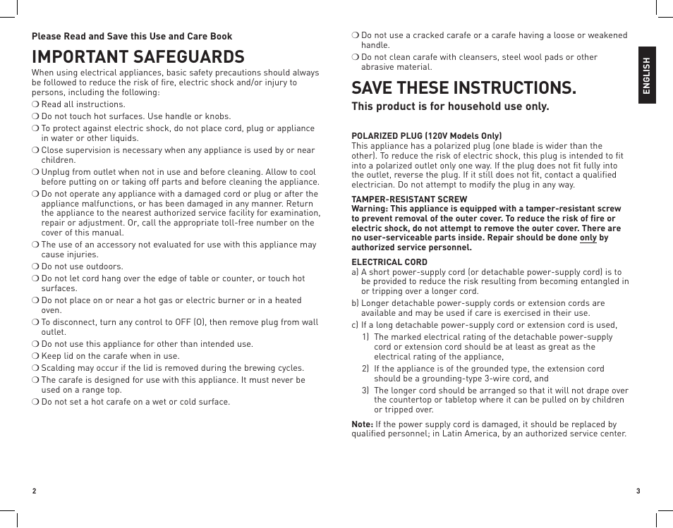 Important safeguards, Save these instructions, This product is for household use only | Black & Decker DCM600B User Manual | Page 2 / 11