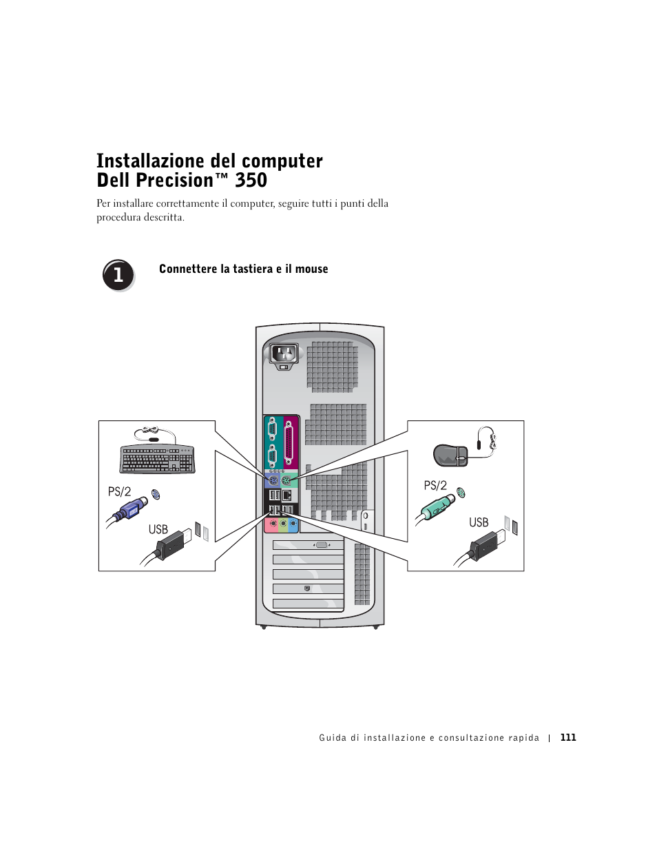 Installazione del computer dell precision™ 350, Connettere la tastiera e il mouse | Dell Precision 350 User Manual | Page 111 / 170