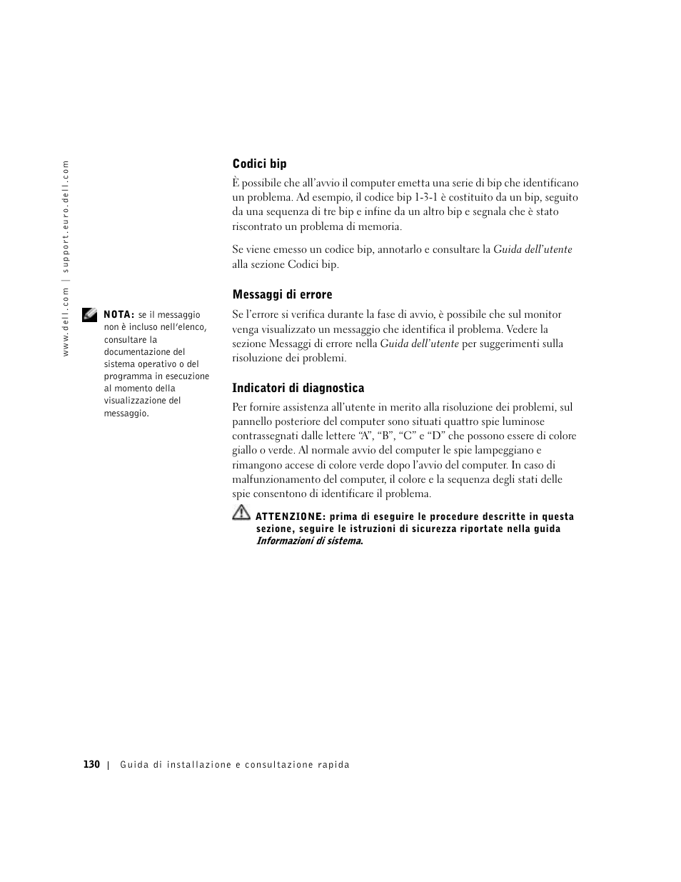 Codici bip, Messaggi di errore, Indicatori di diagnostica | Dell Precision 350 User Manual | Page 130 / 170