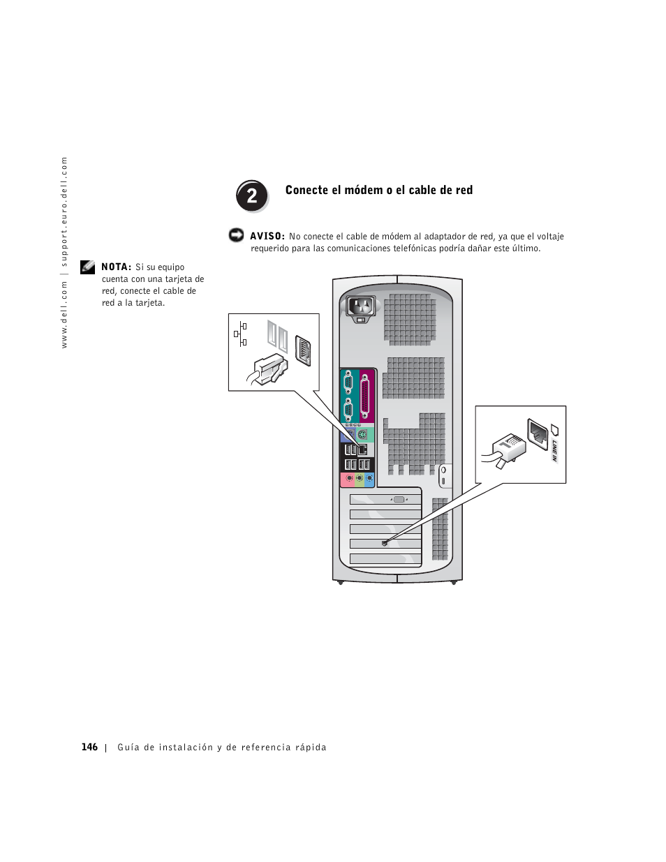 Conecte el módem o el cable de red | Dell Precision 350 User Manual | Page 146 / 170
