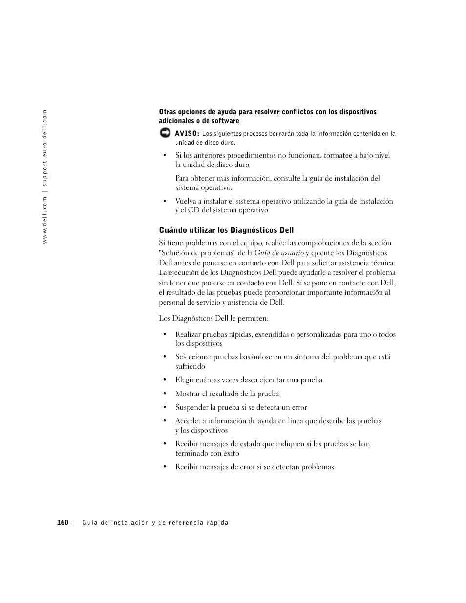 Cuándo utilizar los diagnósticos dell | Dell Precision 350 User Manual | Page 160 / 170