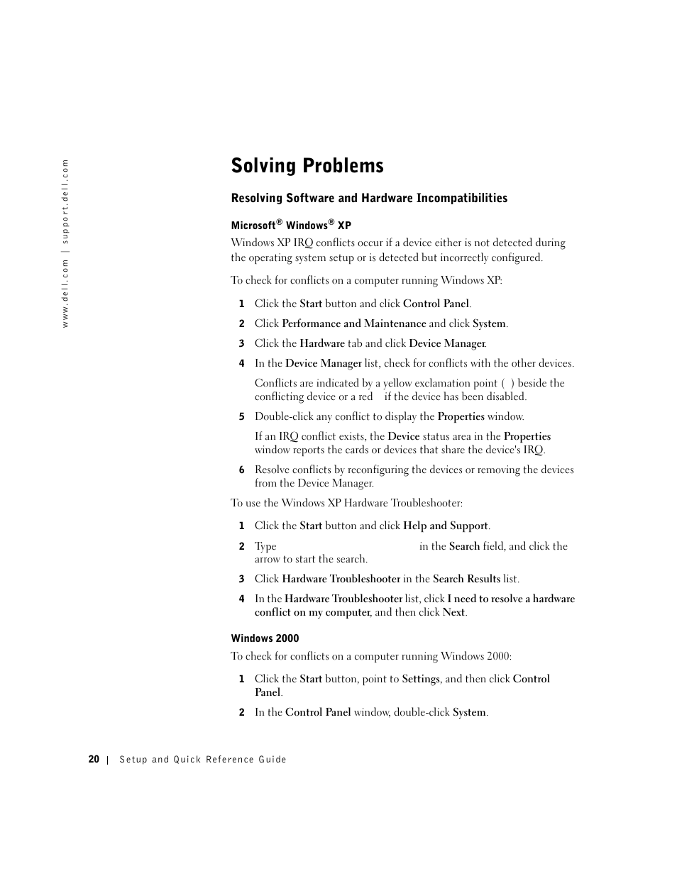 Solving problems, Resolving software and hardware incompatibilities | Dell Precision 350 User Manual | Page 20 / 170