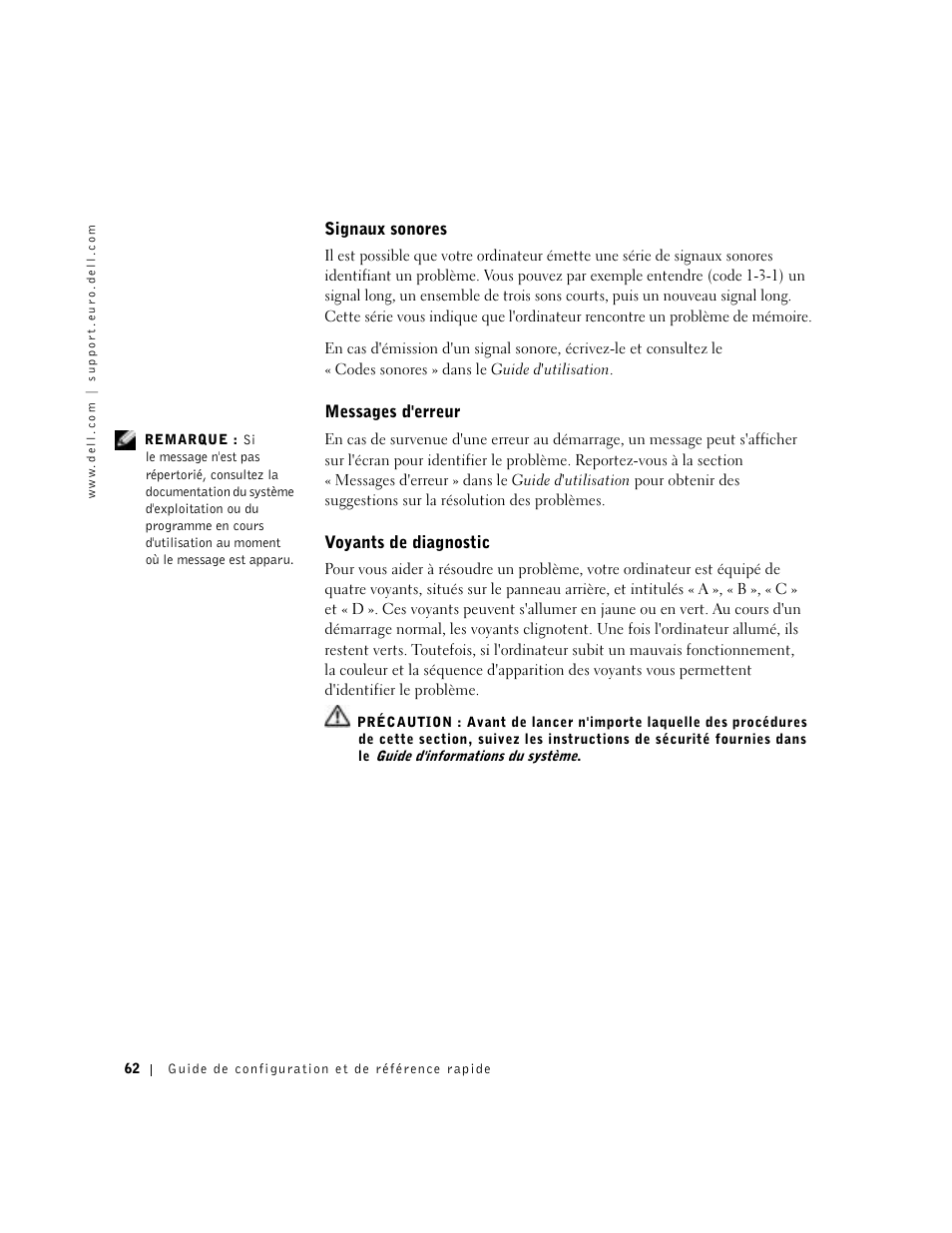 Signaux sonores, Messages d'erreur, Voyants de diagnostic | Dell Precision 350 User Manual | Page 62 / 170