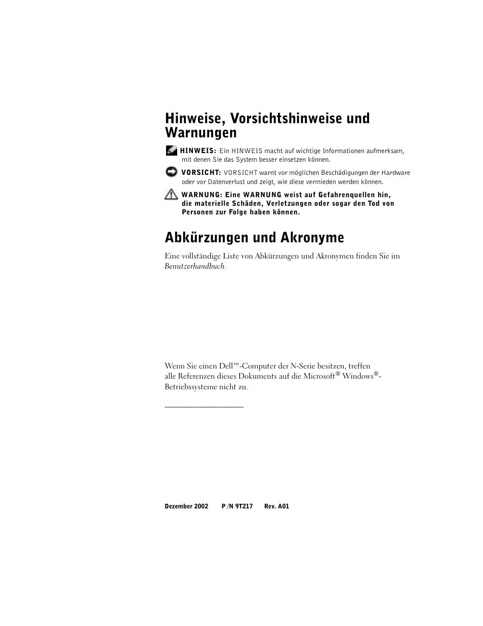Hinweise, vorsichtshinweise und warnungen, Abkürzungen und akronyme | Dell Precision 350 User Manual | Page 70 / 170