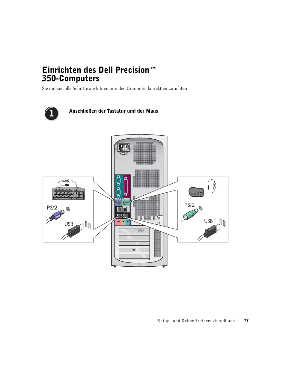 Einrichten des dell precision™ 350-computers, Anschließen der tastatur und der maus | Dell Precision 350 User Manual | Page 77 / 170