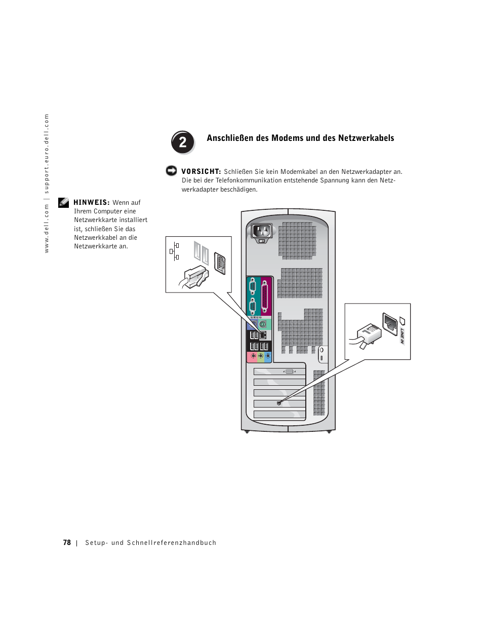 Anschließen des modems und des netzwerkabels | Dell Precision 350 User Manual | Page 78 / 170