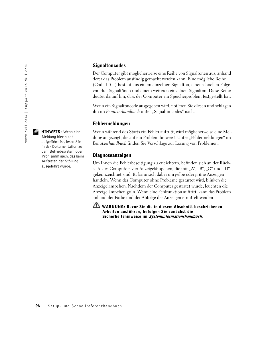 Signaltoncodes, Fehlermeldungen, Diagnoseanzeigen | Dell Precision 350 User Manual | Page 96 / 170