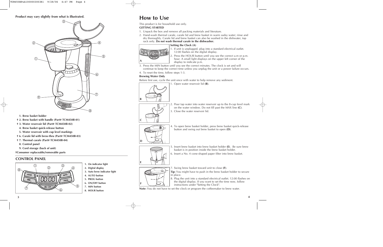 How to use, Control panel | Black & Decker TCM450B User Manual | Page 3 / 15