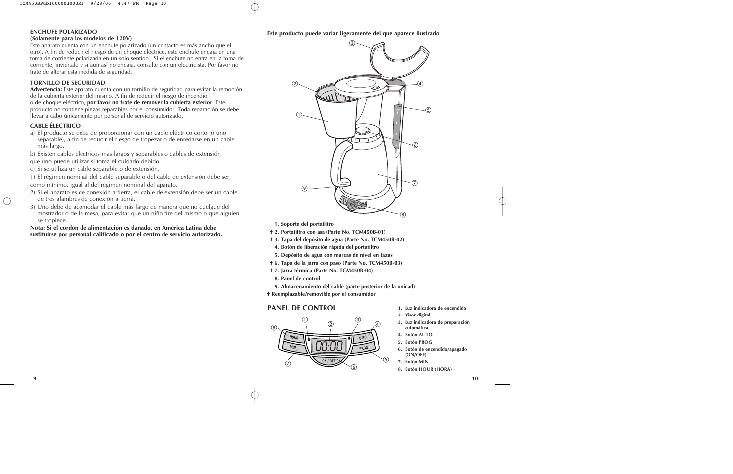 Panel de control | Black & Decker TCM450B User Manual | Page 6 / 15