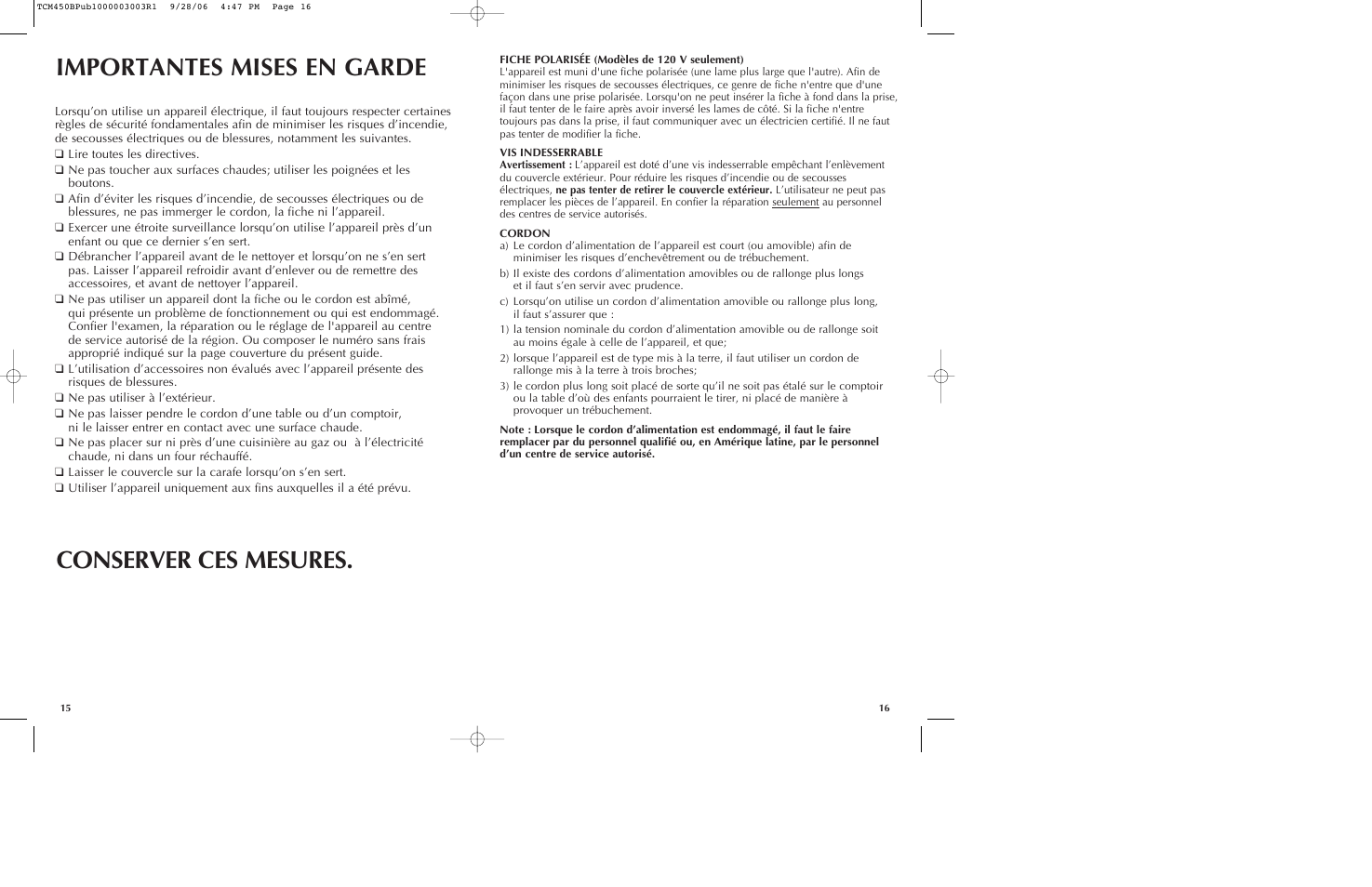 Importantes mises en garde conserver ces mesures | Black & Decker TCM450B User Manual | Page 9 / 15