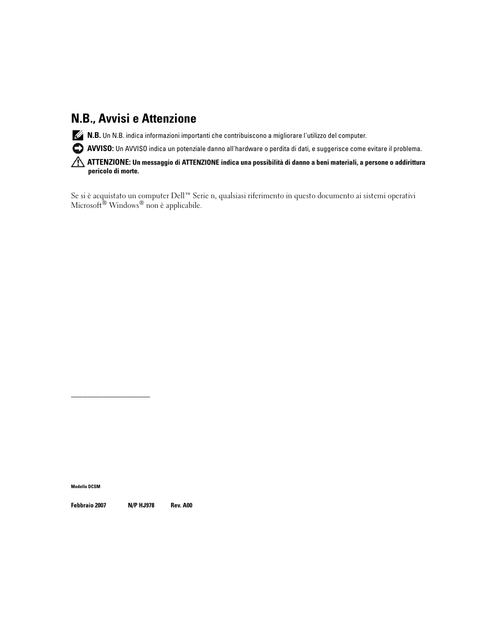 N.b., avvisi e attenzione | Dell OptiPlex 745c (Early 2007) User Manual | Page 116 / 224