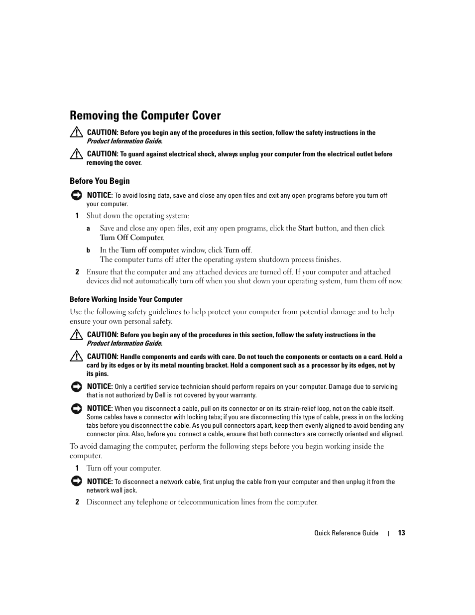Removing the computer cover, Before you begin | Dell OptiPlex 745c (Early 2007) User Manual | Page 13 / 224