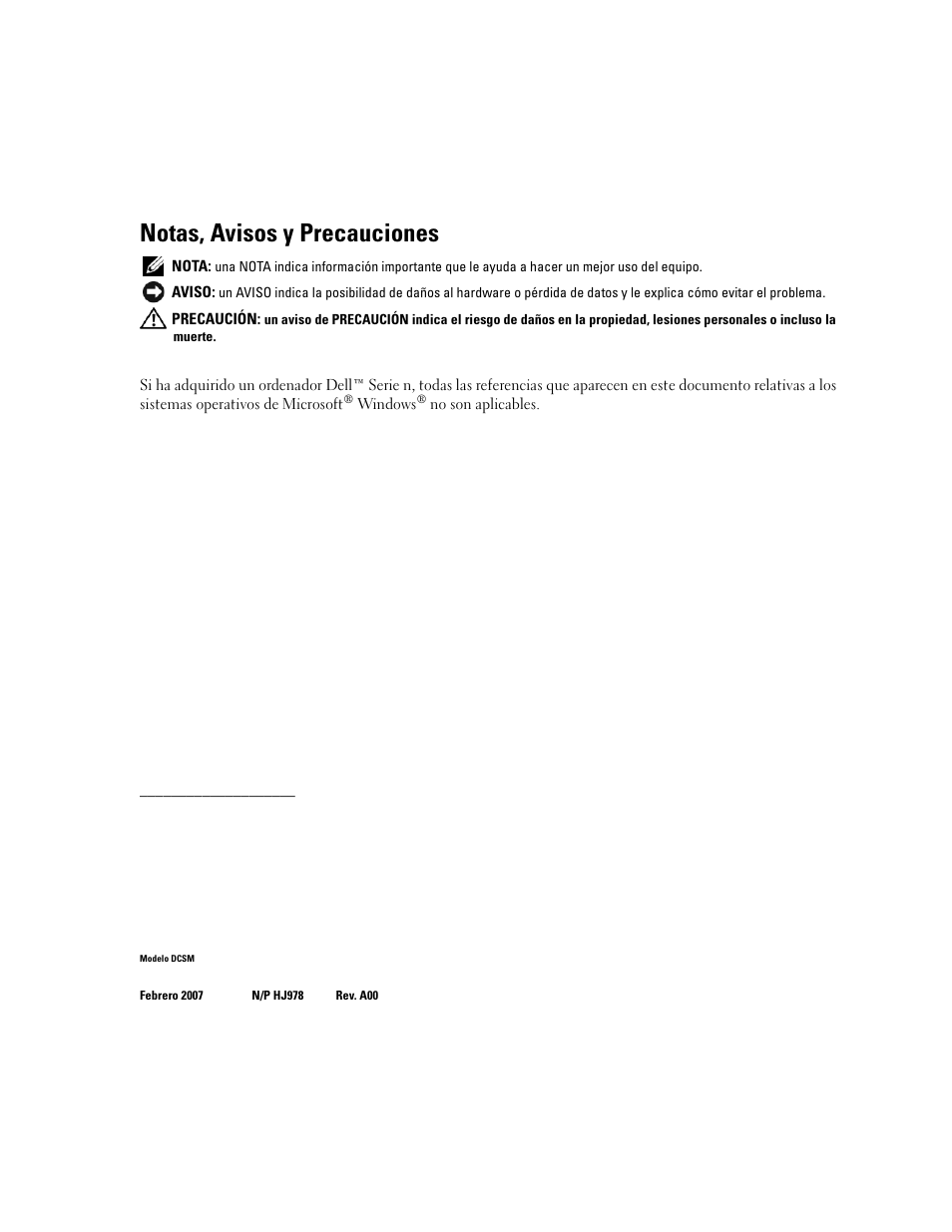 Notas, avisos y precauciones | Dell OptiPlex 745c (Early 2007) User Manual | Page 154 / 224