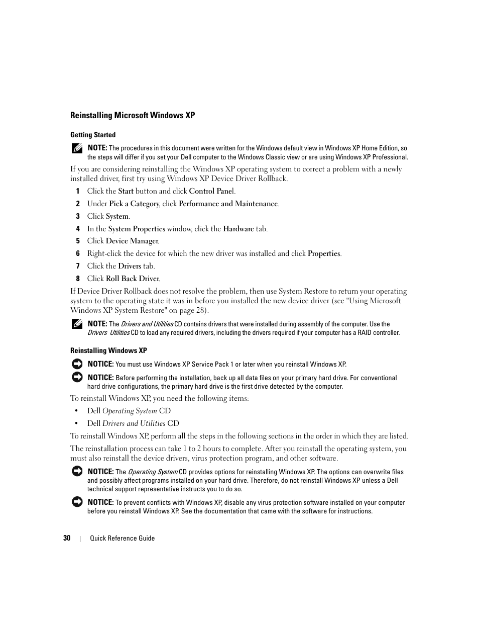 Reinstalling microsoft windows xp | Dell OptiPlex 745c (Early 2007) User Manual | Page 30 / 224