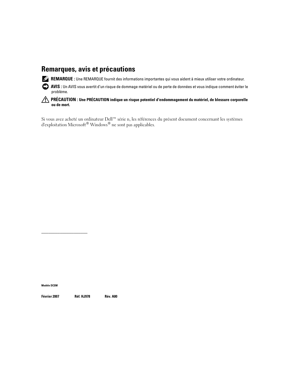 Remarques, avis et précautions | Dell OptiPlex 745c (Early 2007) User Manual | Page 38 / 224