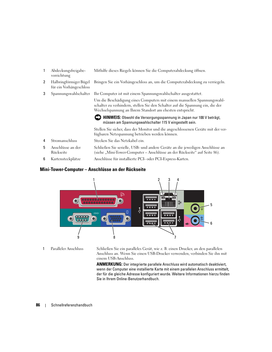 Mini-tower-computer - anschlüsse an der rückseite, Mini-tower-computer – anschlüsse an der rückseite | Dell OptiPlex 745c (Early 2007) User Manual | Page 86 / 224