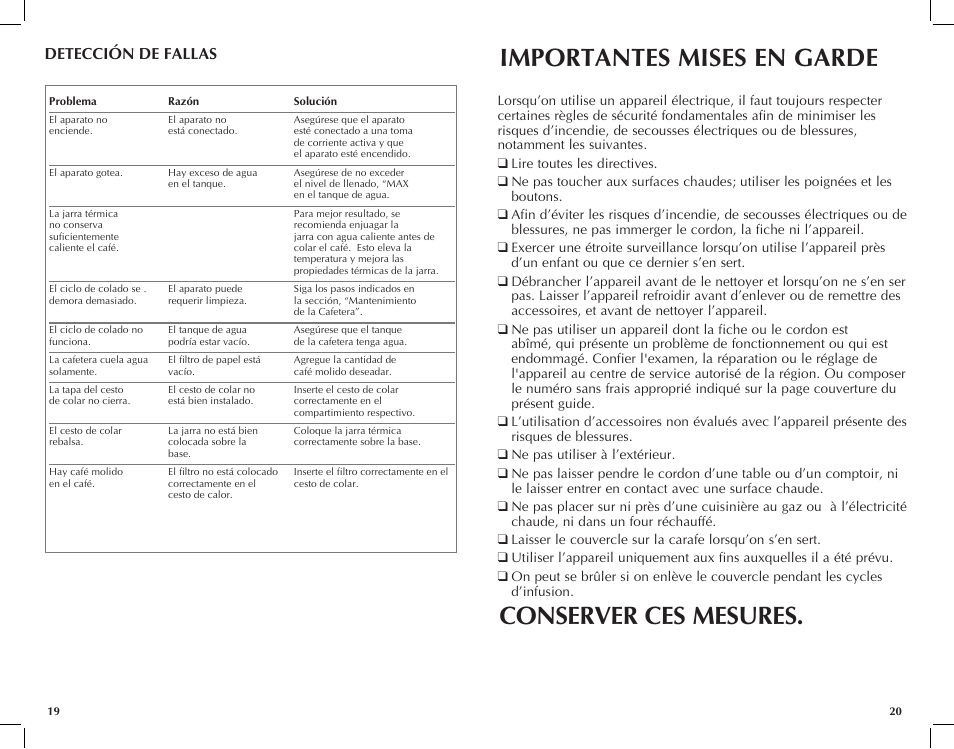 Importantes mises en garde, Conserver ces mesures, Detección de fallas | Black & Decker TCM1000KT User Manual | Page 11 / 19