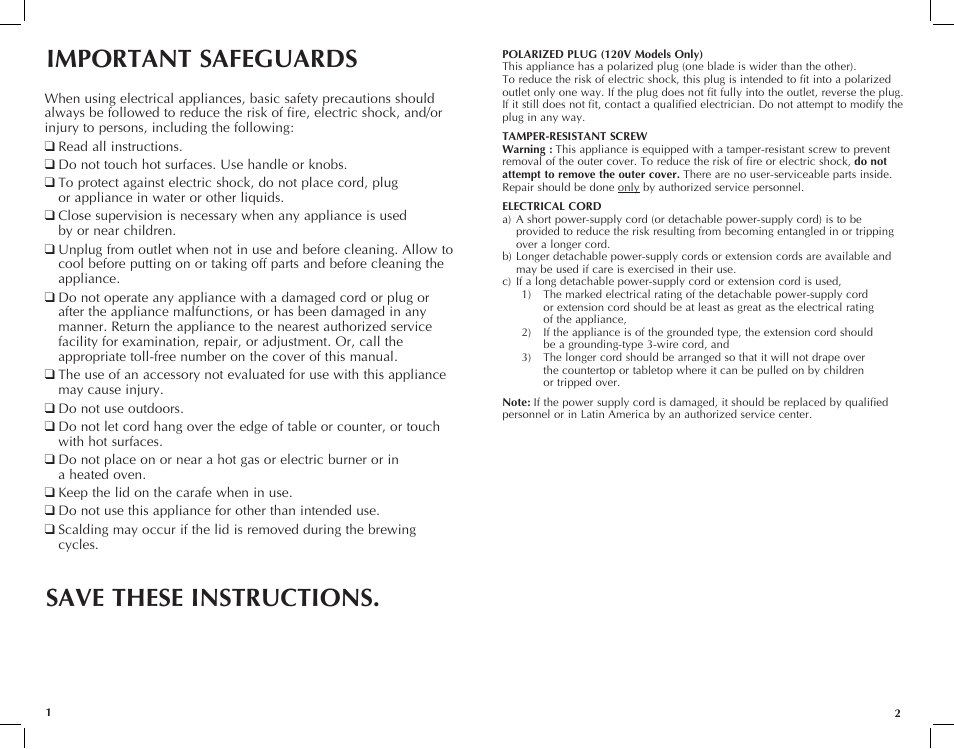 Important safeguards save these instructions | Black & Decker TCM1000KT User Manual | Page 2 / 19