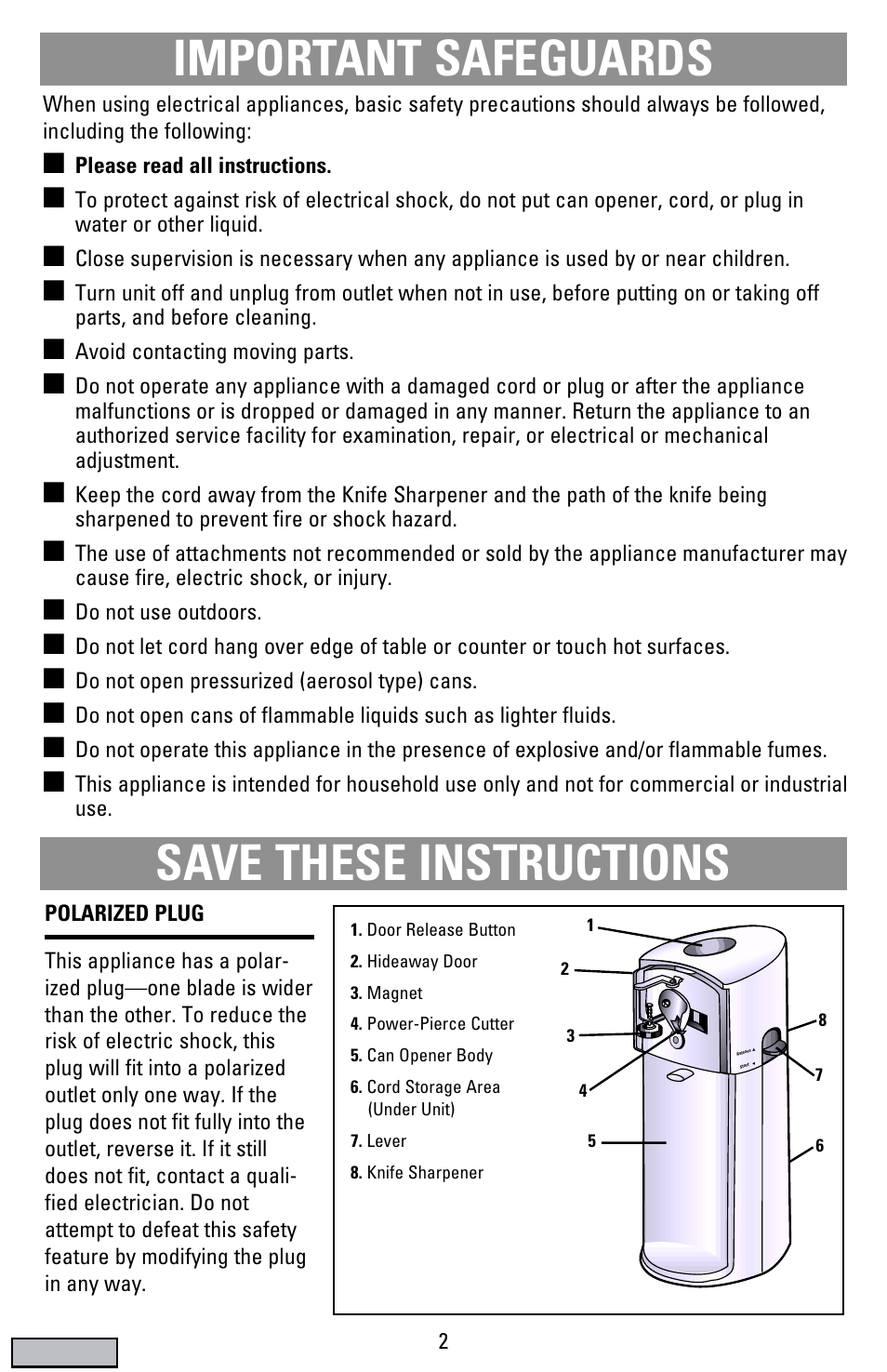 Safegaurds, Can opener, Important safeguards | Save these instructions | Black & Decker EC500B User Manual | Page 2 / 12