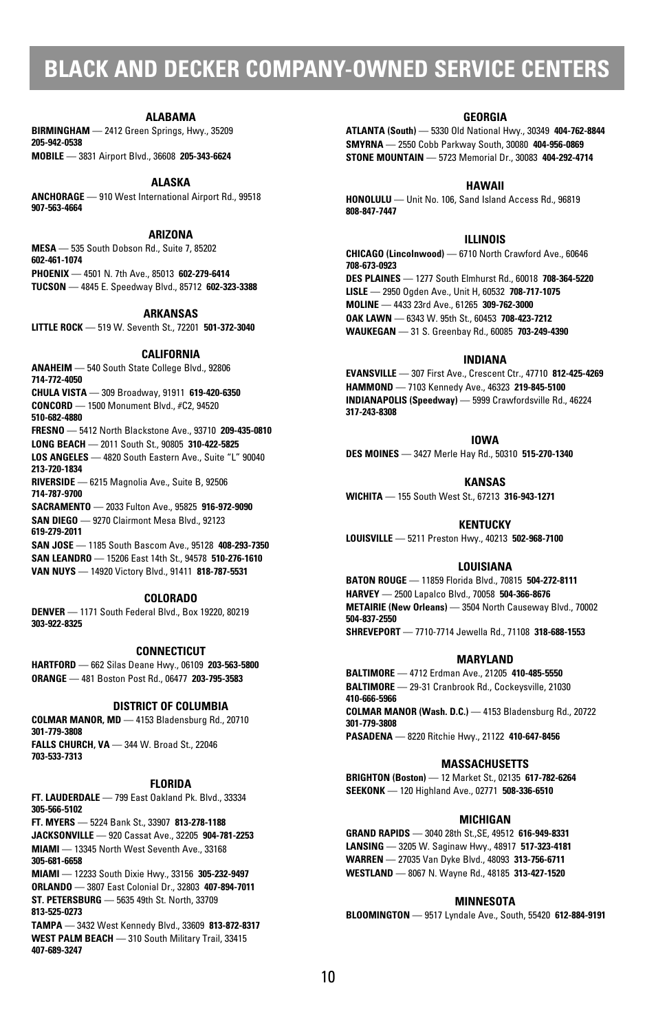 Service centers, Black and decker company-owned service centers | Black & Decker M205S User Manual | Page 10 / 12