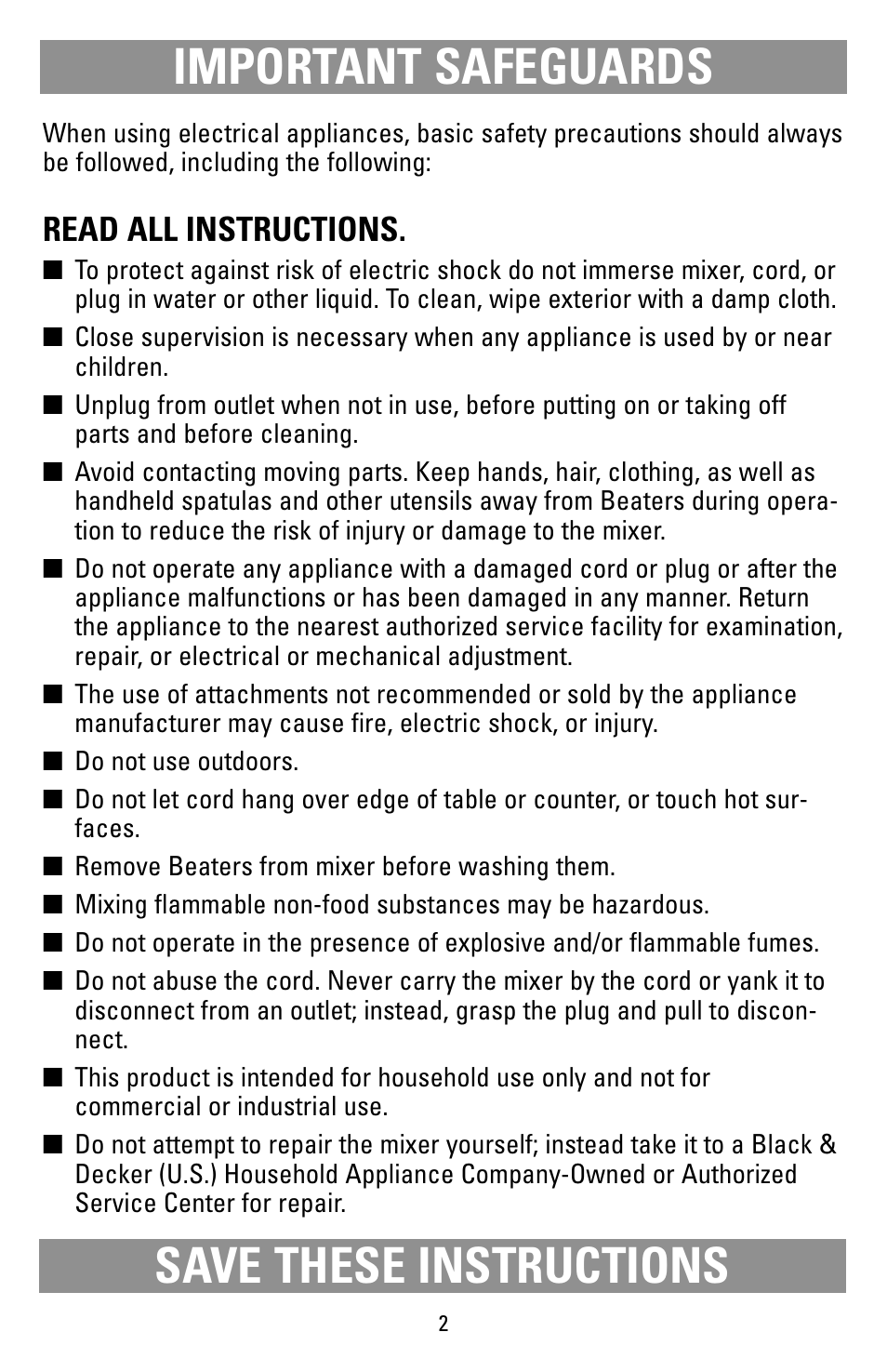 Safegaurds, Important safeguards save these instructions, Read all instructions | Black & Decker M205S User Manual | Page 2 / 12