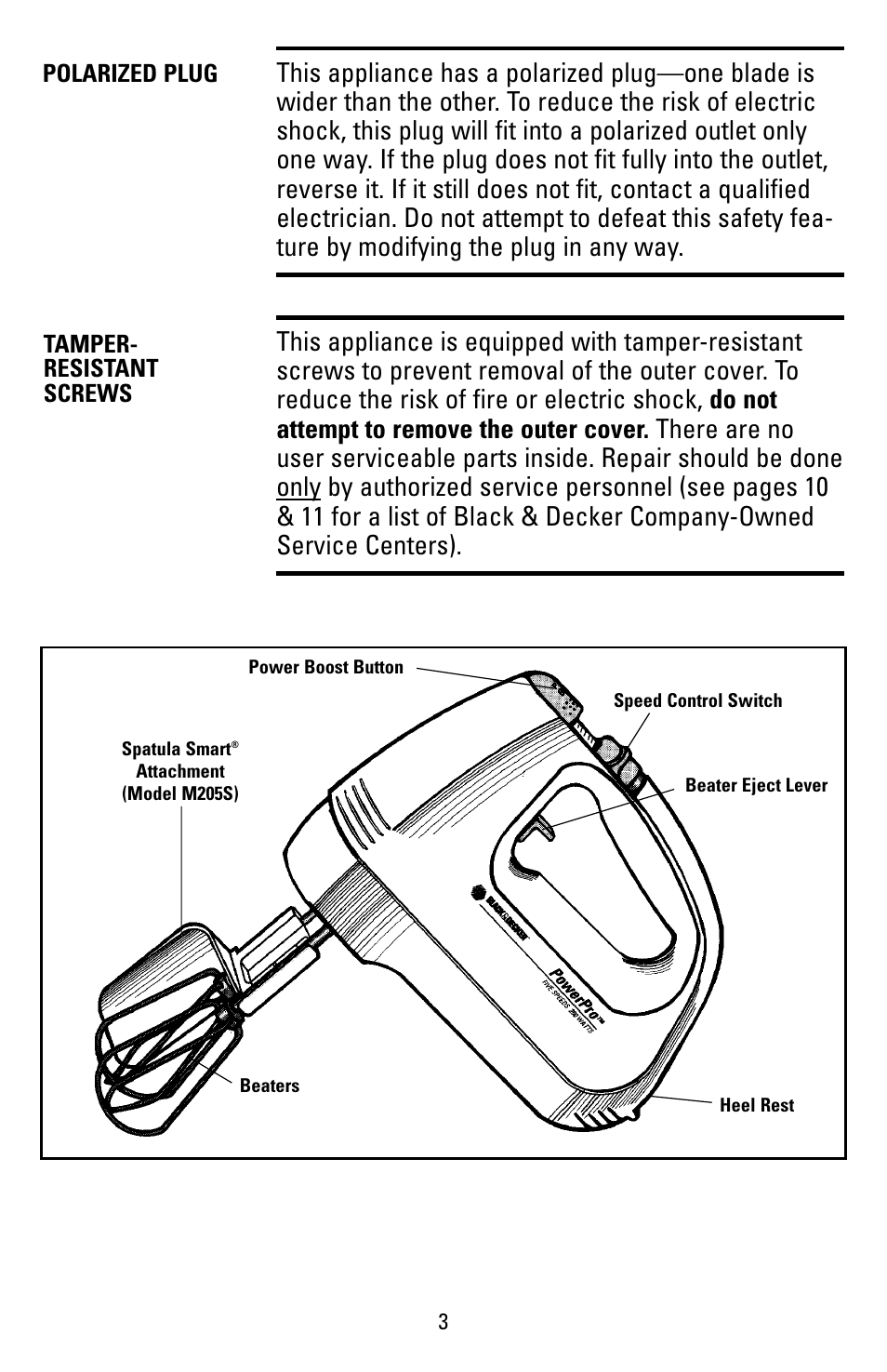 Polarized plug, Tamper- resistant screws | Black & Decker M205S User Manual | Page 3 / 12