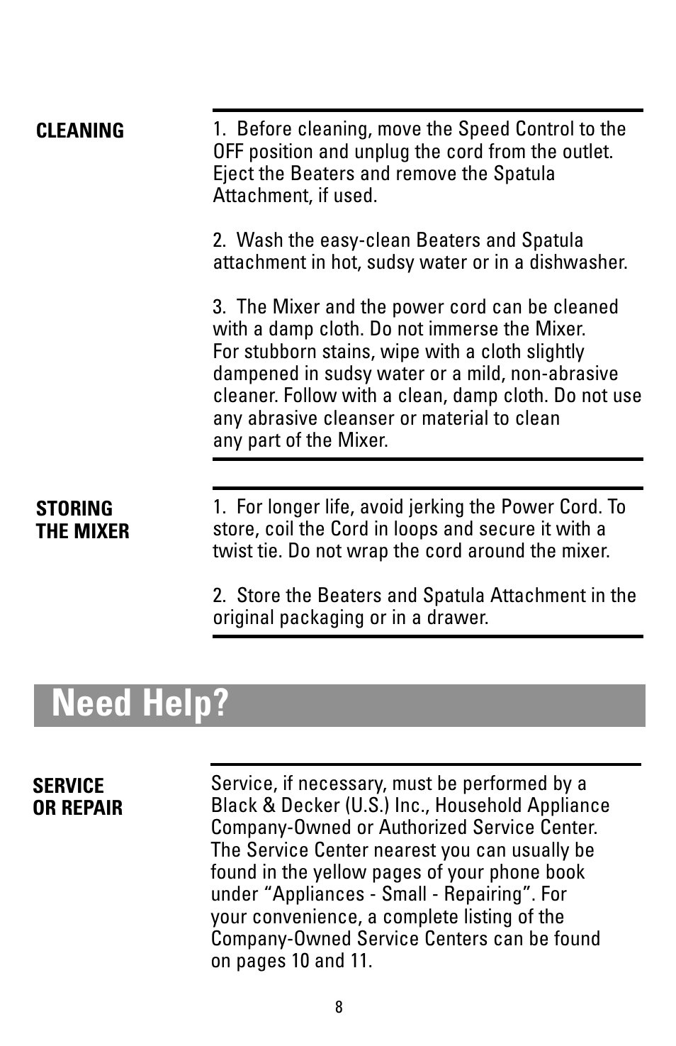 Cleaning, Storage, Need help | Black & Decker M205S User Manual | Page 8 / 12