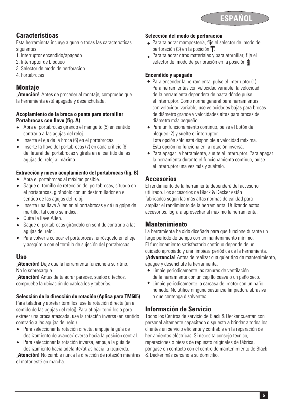 Español | Black & Decker TM505 User Manual | Page 5 / 12