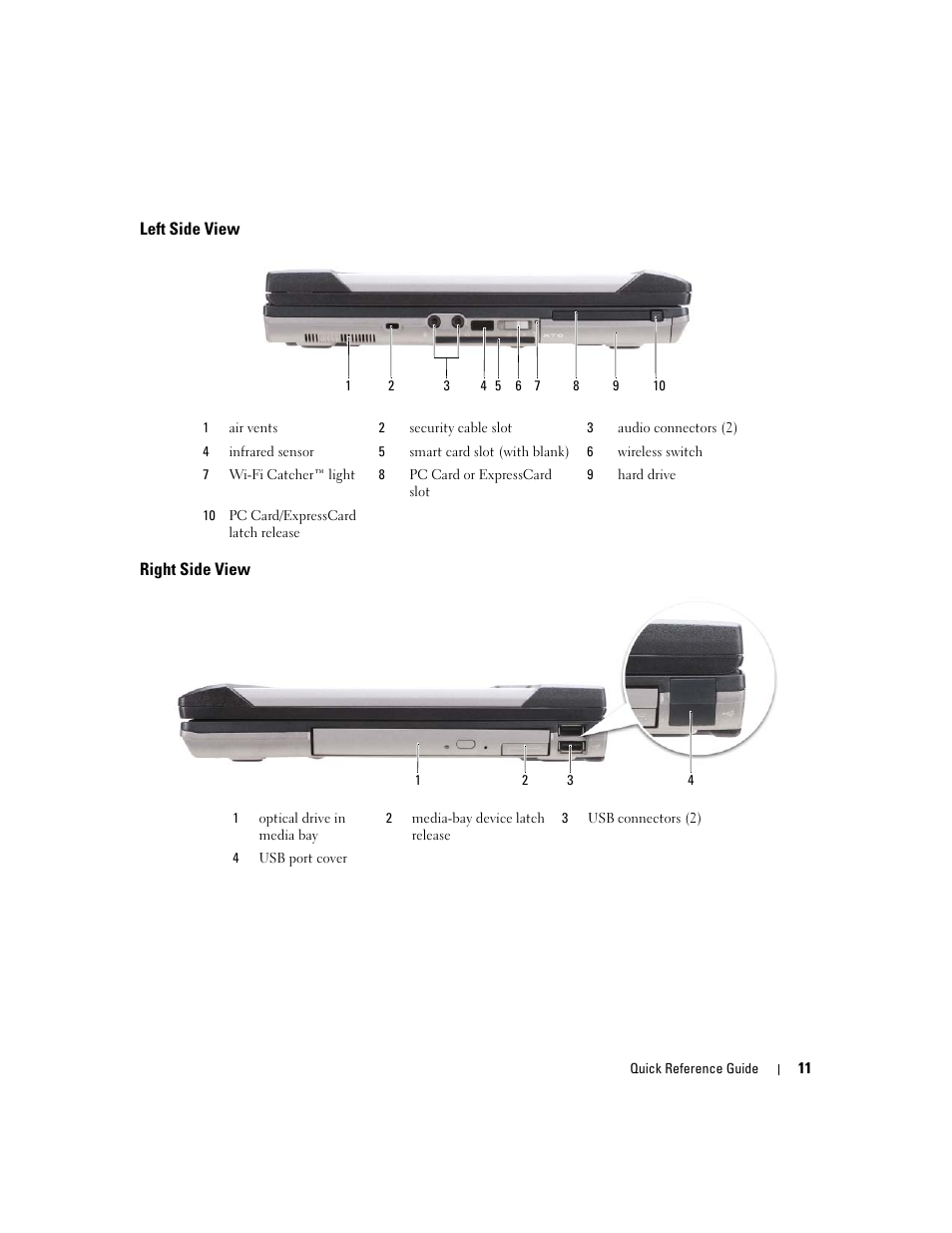 Left side view, Right side view | Dell Latitude D620 ATG User Manual | Page 11 / 172