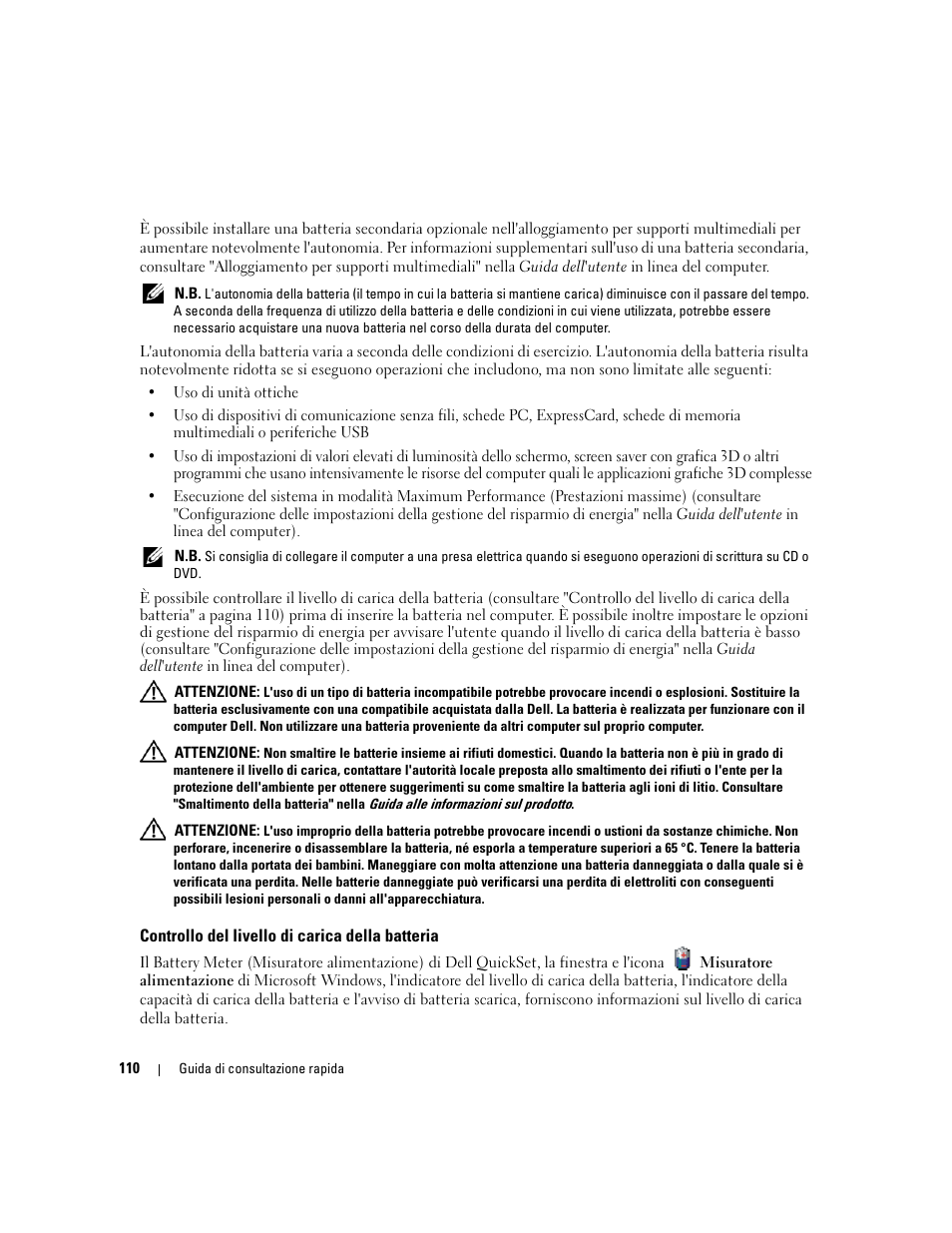 Controllo del livello di carica della batteria | Dell Latitude D620 ATG User Manual | Page 110 / 172