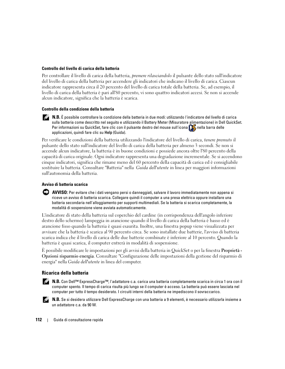 Ricarica della batteria | Dell Latitude D620 ATG User Manual | Page 112 / 172