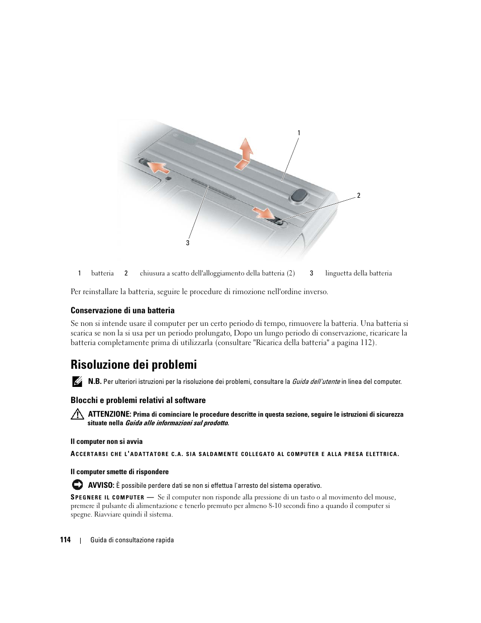 Conservazione di una batteria, Risoluzione dei problemi, Blocchi e problemi relativi al software | Dell Latitude D620 ATG User Manual | Page 114 / 172