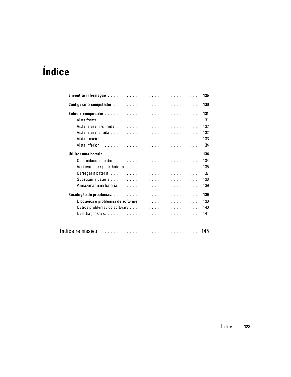 Índice, Índice remissivo | Dell Latitude D620 ATG User Manual | Page 123 / 172