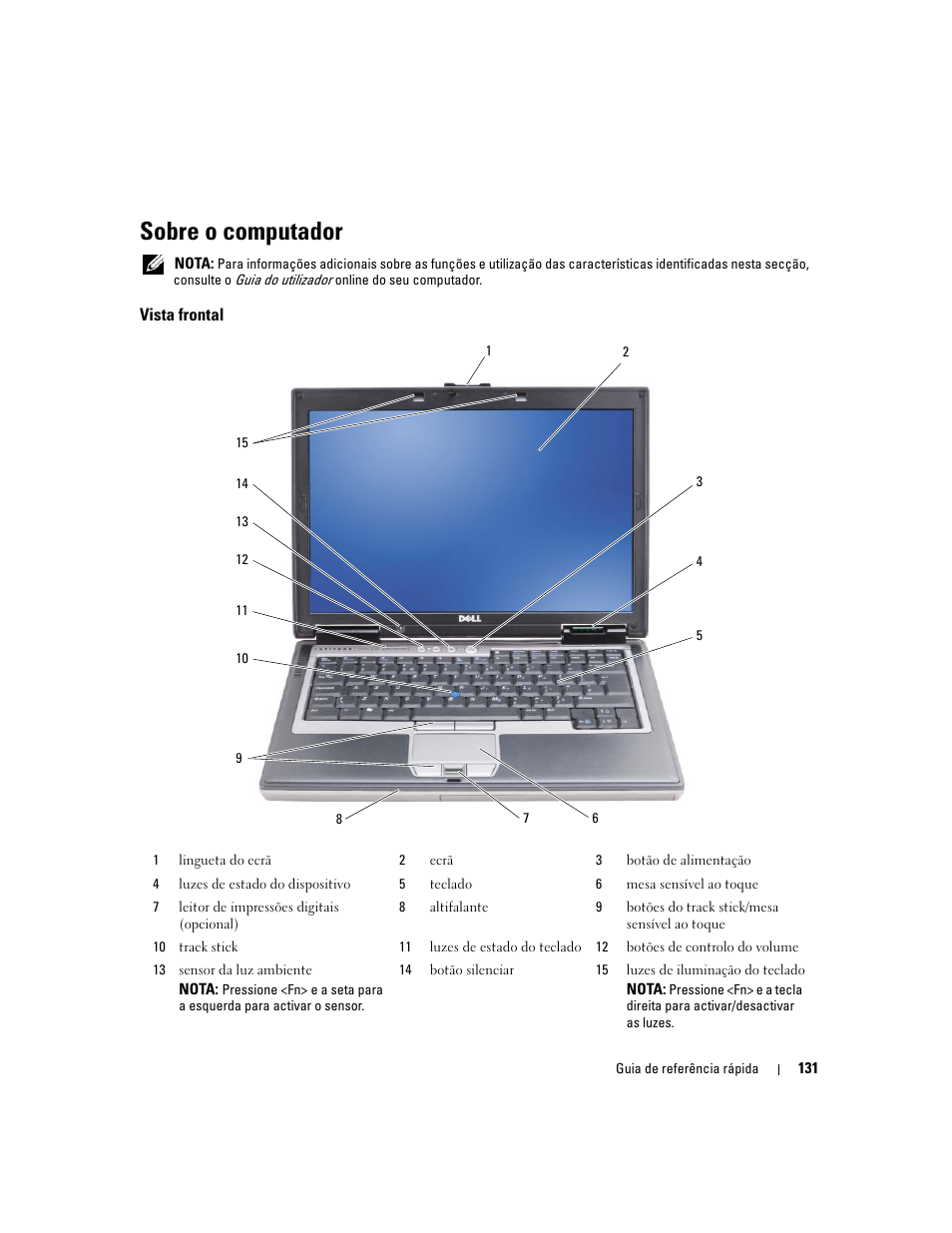 Sobre o computador, Vista frontal | Dell Latitude D620 ATG User Manual | Page 131 / 172