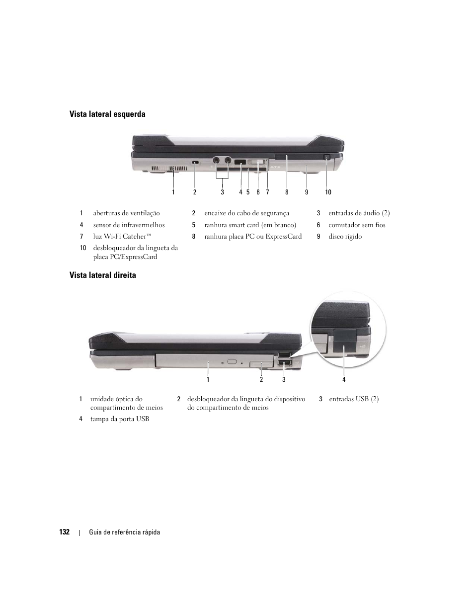 Vista lateral esquerda, Vista lateral direita | Dell Latitude D620 ATG User Manual | Page 132 / 172
