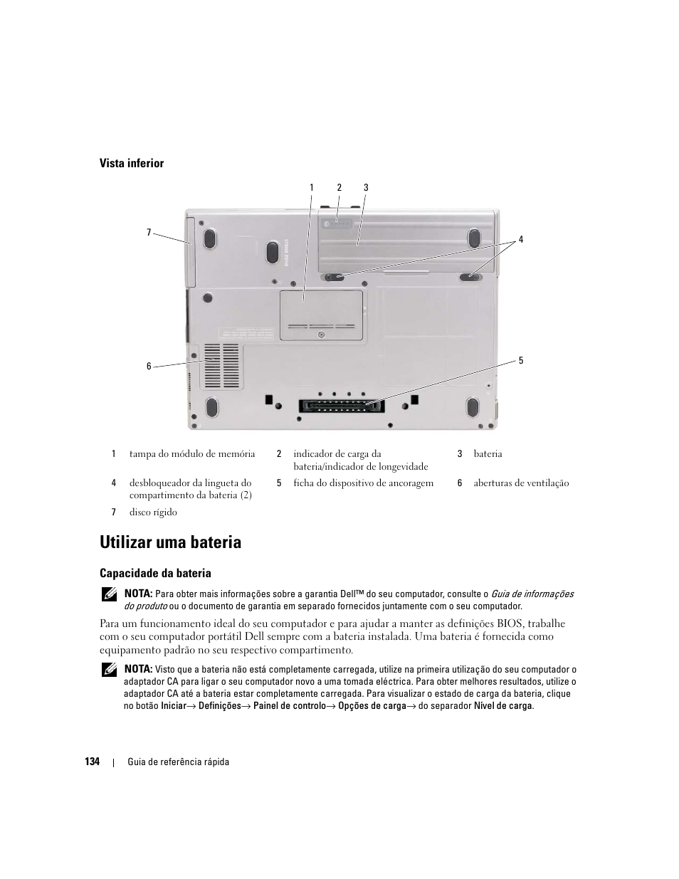 Vista inferior, Utilizar uma bateria, Capacidade da bateria | Dell Latitude D620 ATG User Manual | Page 134 / 172
