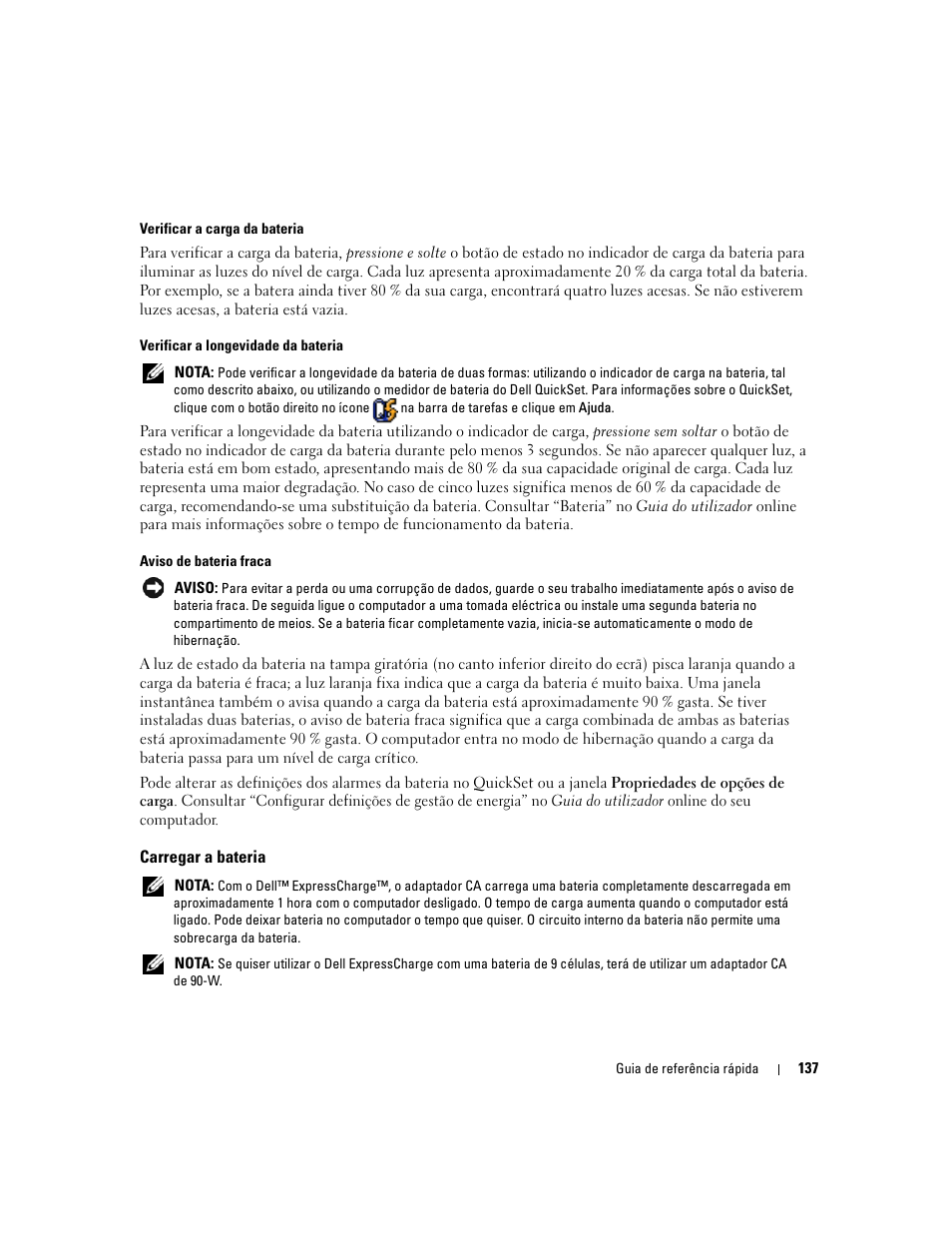 Carregar a bateria | Dell Latitude D620 ATG User Manual | Page 137 / 172
