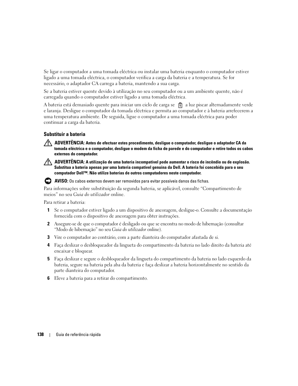Substituir a bateria | Dell Latitude D620 ATG User Manual | Page 138 / 172
