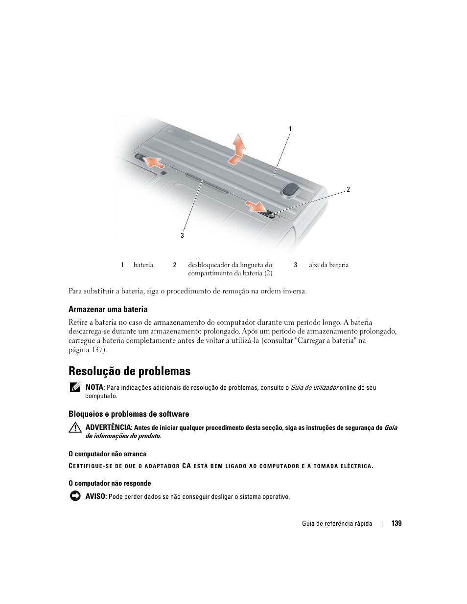 Armazenar uma bateria, Resolução de problemas, Bloqueios e problemas de software | Dell Latitude D620 ATG User Manual | Page 139 / 172