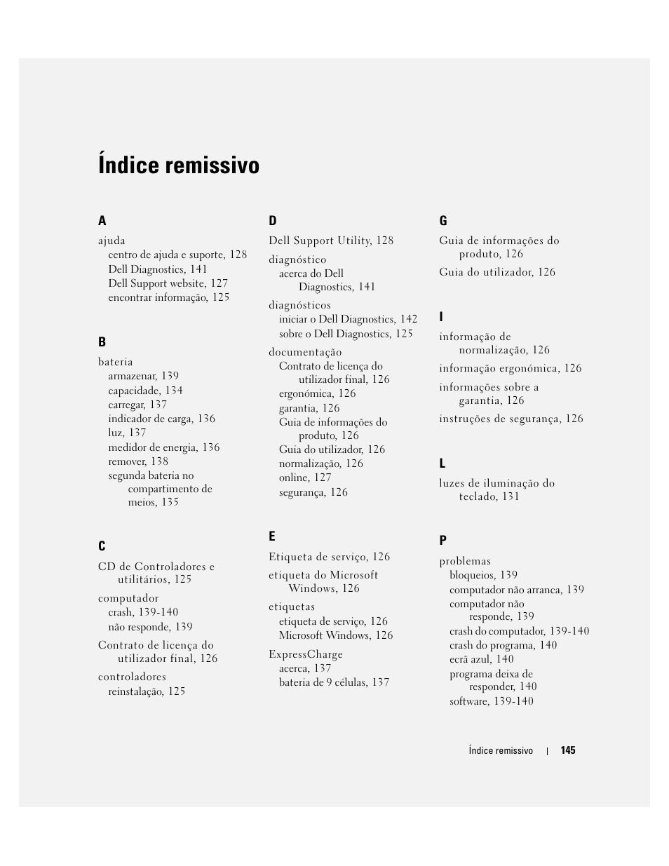 Índice remissivo | Dell Latitude D620 ATG User Manual | Page 145 / 172