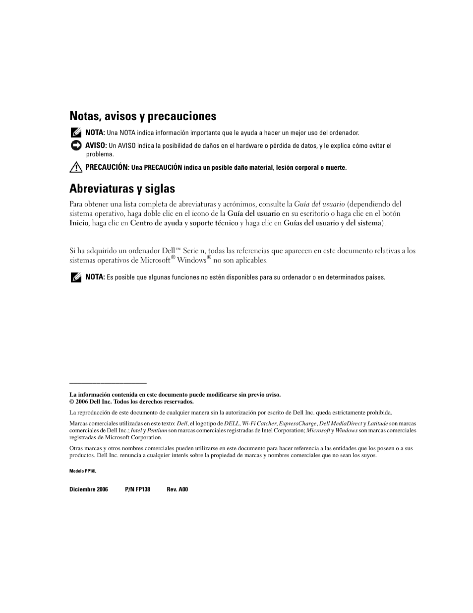 Notas, avisos y precauciones, Abreviaturas y siglas | Dell Latitude D620 ATG User Manual | Page 148 / 172