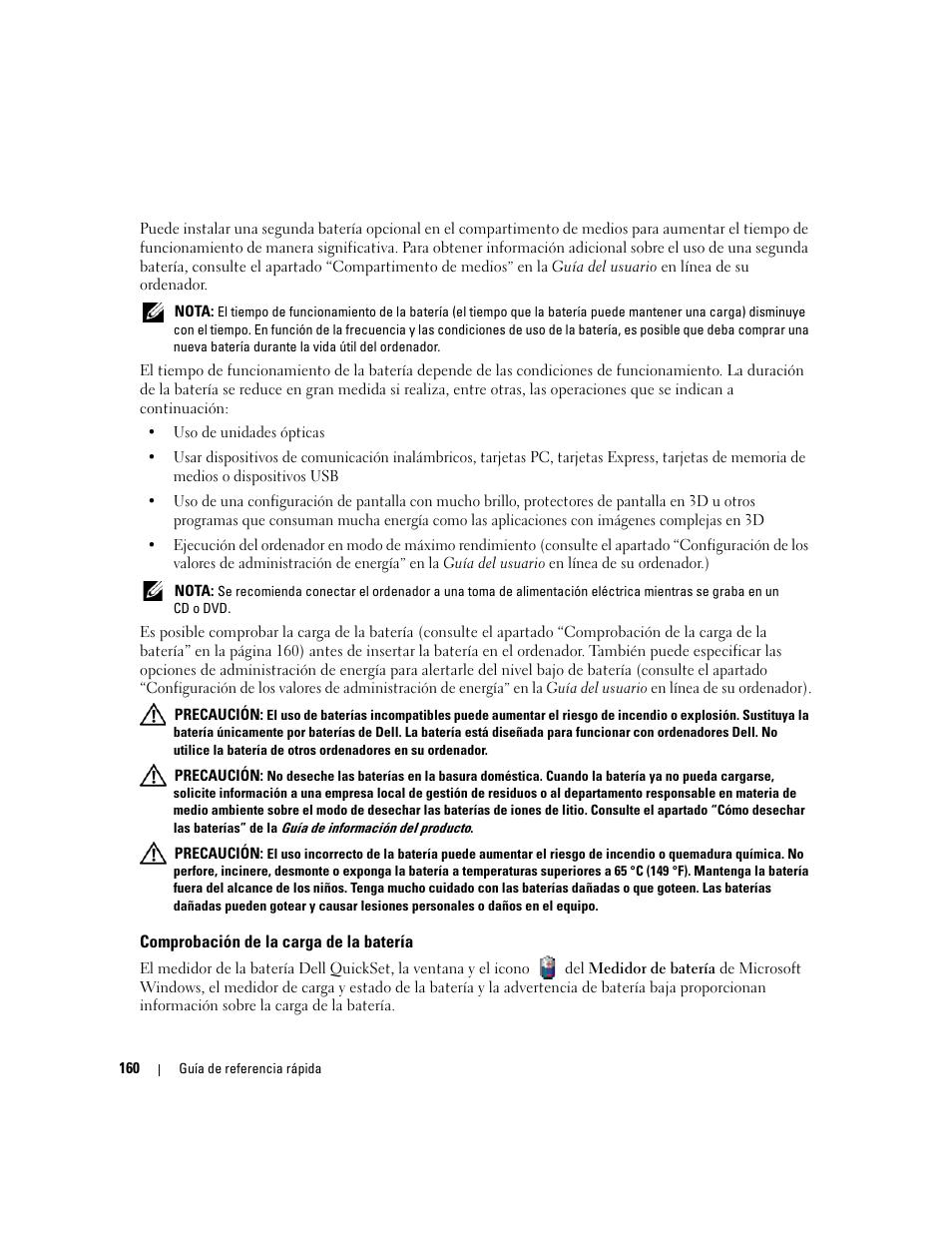 Comprobación de la carga de la batería | Dell Latitude D620 ATG User Manual | Page 160 / 172